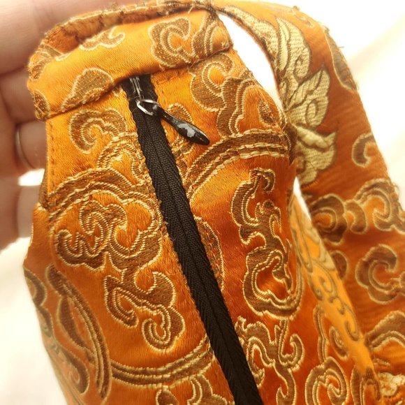 Womens Orange Brocade Inner Pockets Single Handle Lined Zipper Mini Handbag - Picture 6 of 13